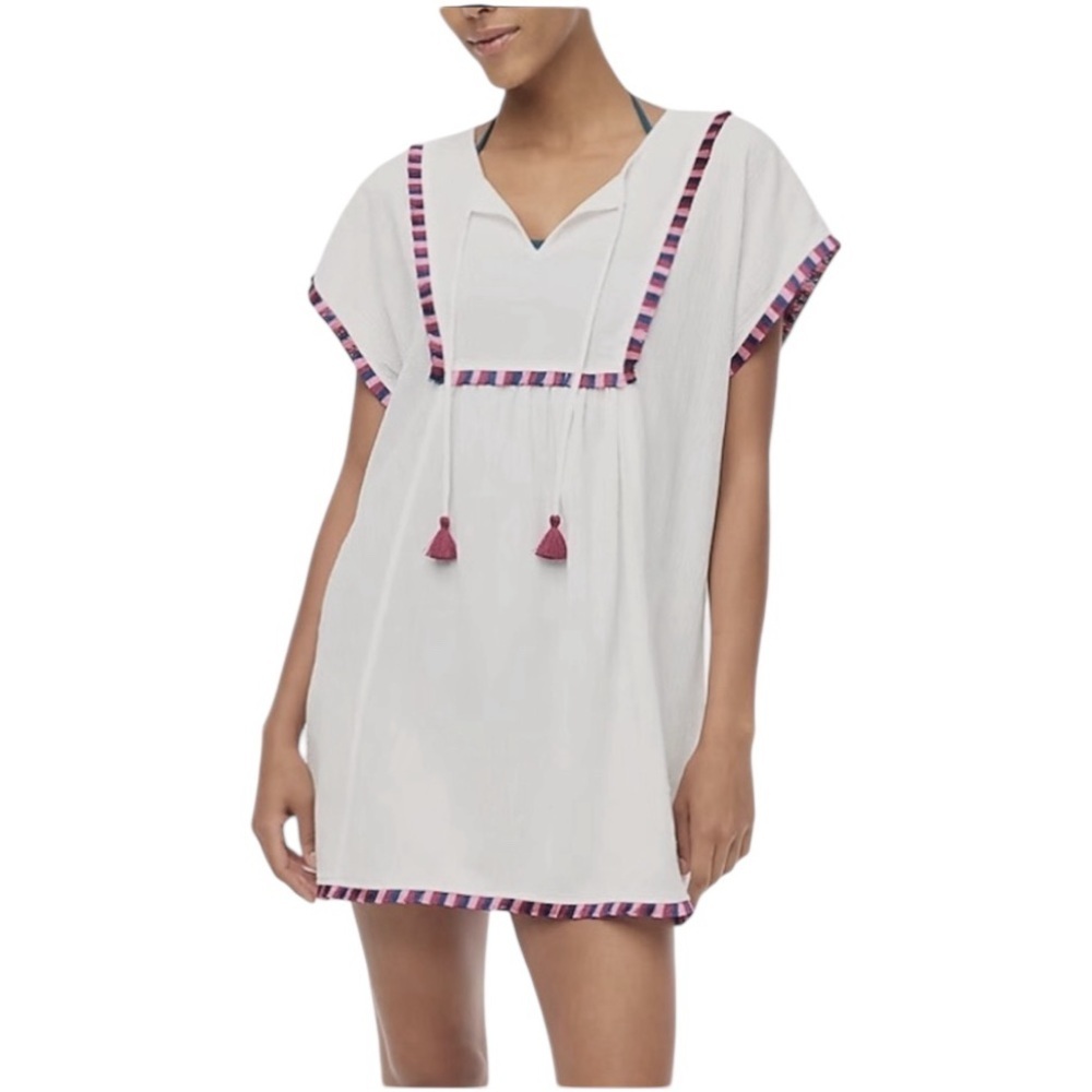 NEW J. CREW‎ FACTORY Fringe beach tunic white & Multi piping & Tassels Size XXS